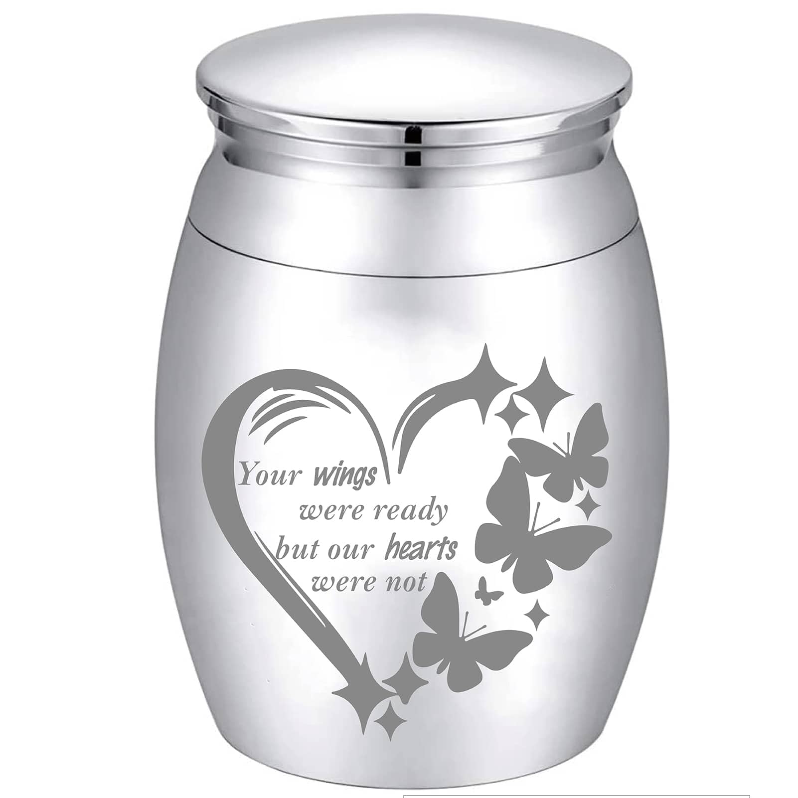 CREATCABIN Small Urns for Ashes Mini Cremation Urns Ashes Keepsake Memorial Stainless Metal Funeral Urn Heart Butterfly Burial Container for Pet Human Dog Cat 1.57x1.18 Inch-Your Wings Were Ready