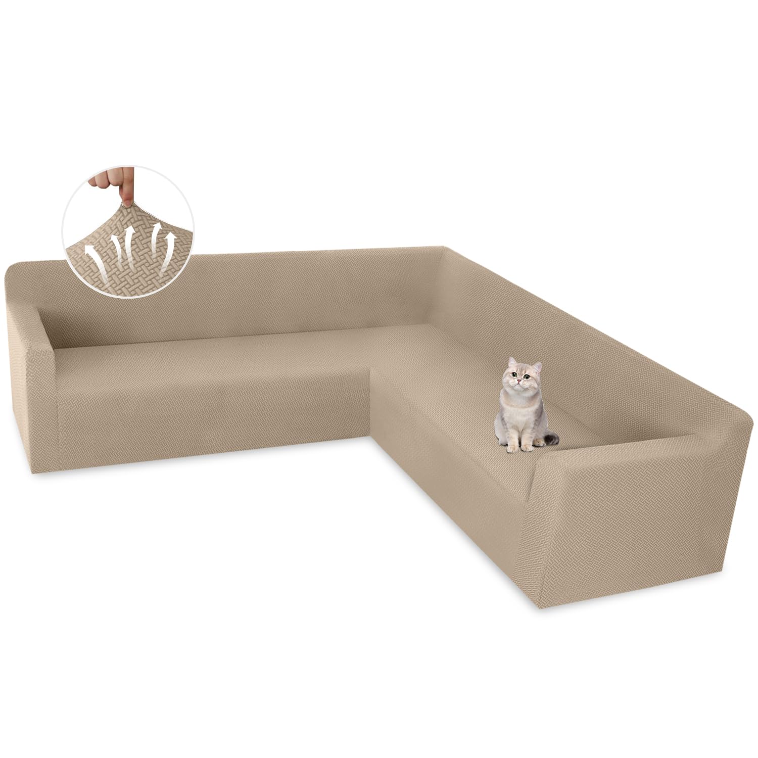 Photo 1 of ALIECOM Stretch Corner Sectional Couch Covers L Shape Sofa Covers Washable Sectional Slipcovers U Shape Jacquard Living Room Pet Dogs Furniture Protector with Elastic Bottom (Neutral Beige, X-Large)