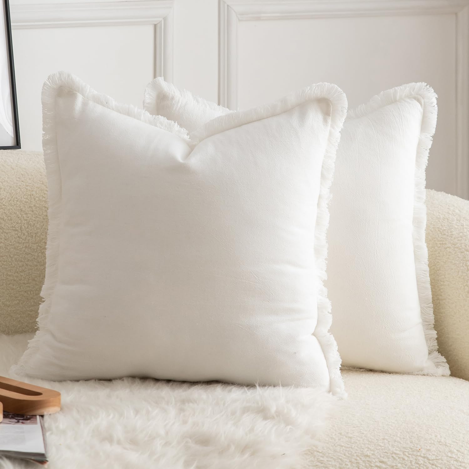 MANDIOO Set of 2 Neutral Cotton Fringe Throw Pillow Covers Decorative Boho Farmhouse Cushion Covers Cozy Tassels Pillowcase for Couch Sofa Bedroom