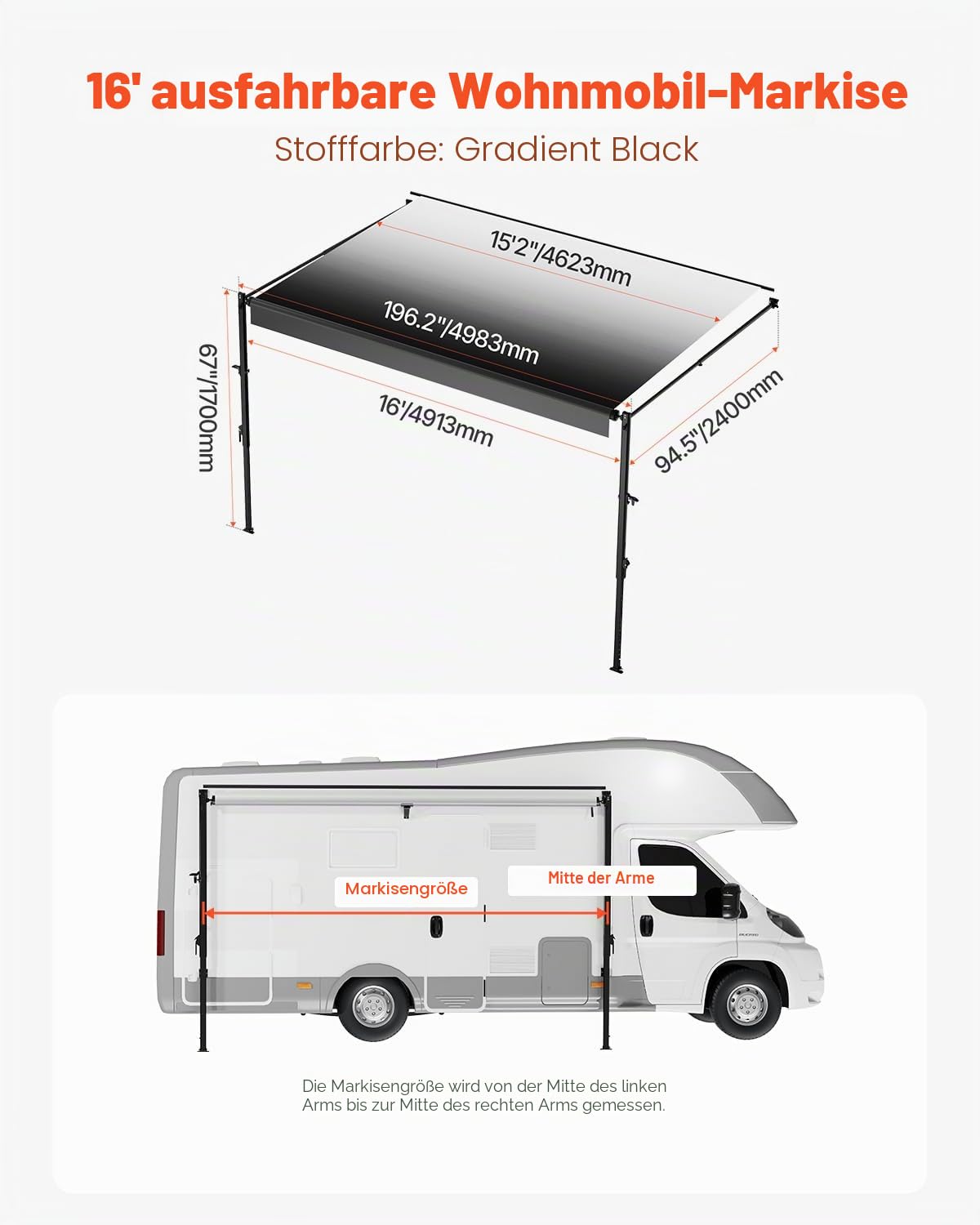 VEVOR Wohnwagen Markise universelle einziehbar RV Markisen (487,7 cm) wasserdichter Sonnenschutz mit Aluminiumlegierungsrahmen, Außenmarkise mit schwarzem Ständer & schwarzen Stoffen mit Farbverlauf