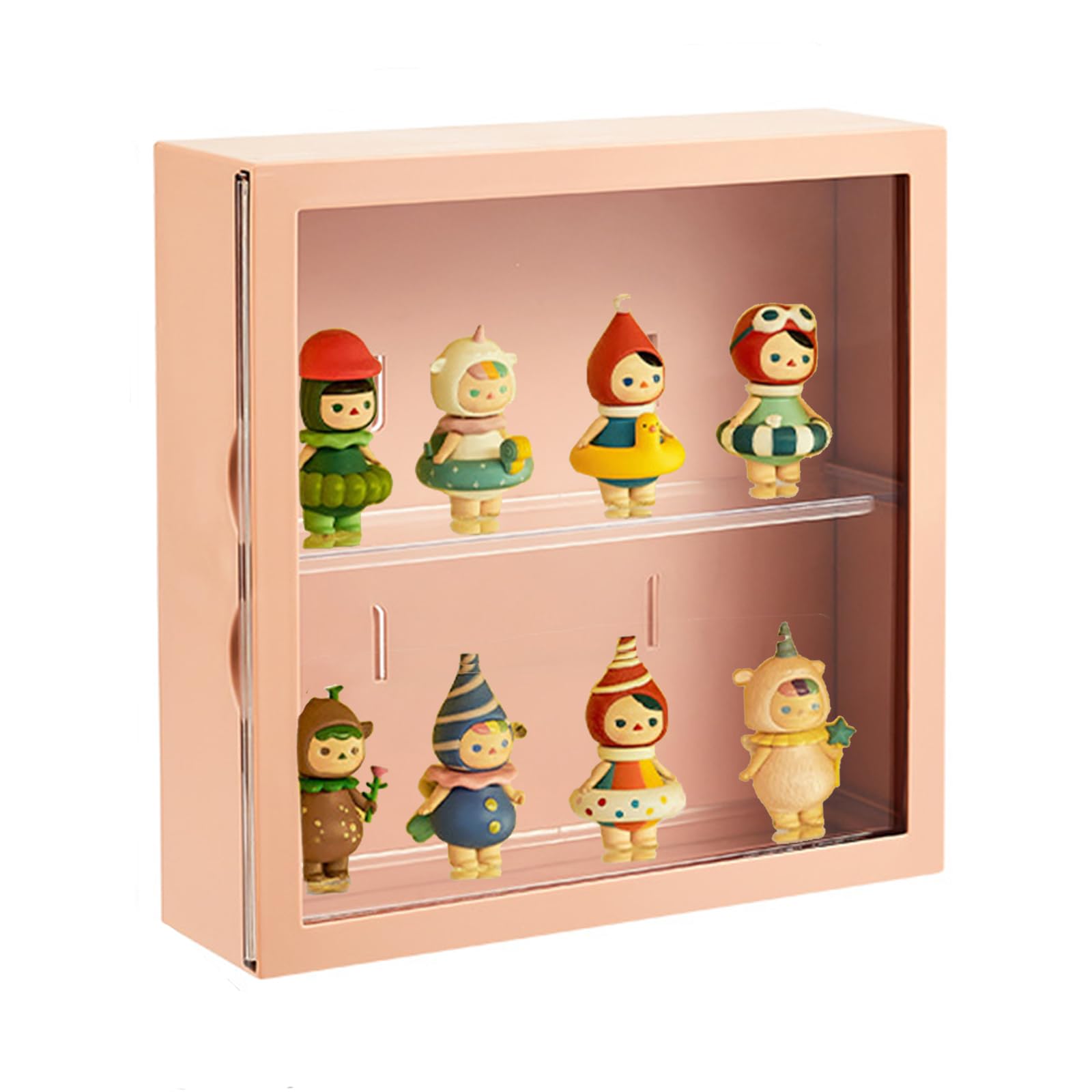Clear Display Case for Figures, Square Wall-Mounted Doll Storage Box, Adjustable Display Stand with Door Dust and Moisture Proof Suitable for Lego Collectibles Action Figures Pop Mart (Pink)
