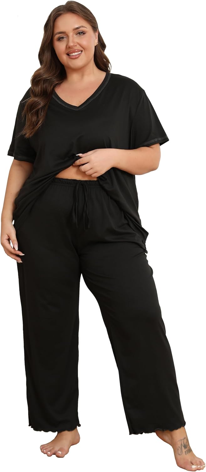 Vozanet Women's Plus Size Pajama Sets Short Sleeve Long Pants Solid Color with Piping Trim Elegant Loungewear Cozy Sleepwear