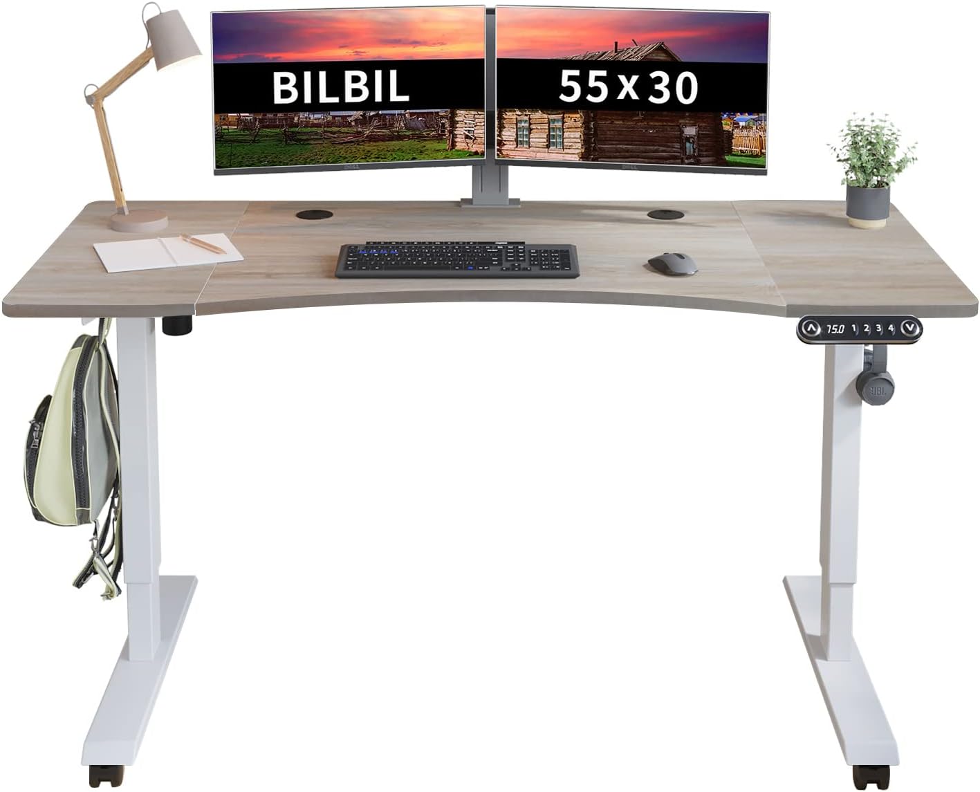 bilbil Electric Standing Desk 55 x 30 Inches, Height Adjustable Sit Stand Desk with Splice Board, Casters with Brake, White Frame/Oak and White Top