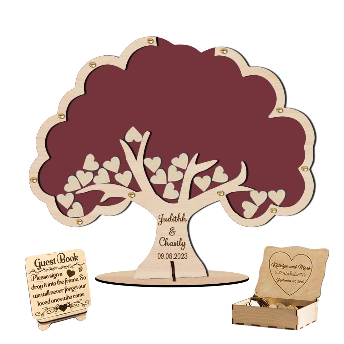 Ozinna Personalized Tree Wedding Guest Book Alternative, Rustic Wedding Guest Book for Reception Guests to Sign with Wooden Tree Border Sign in Book for Wedding Baby Shower Birthday (Red)
