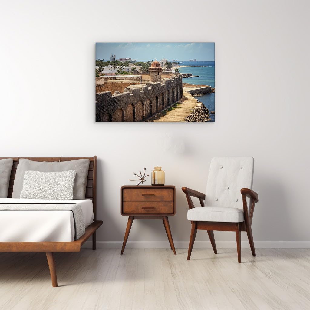 Canvas for Living room. San Juan's Enchanted Shores: A Glimpse into the City's Historic Elegance and Coastal Charm, 27 x 18 inch Canvas Wall Art - Contemporary Masterpieces - Modern Home Decor