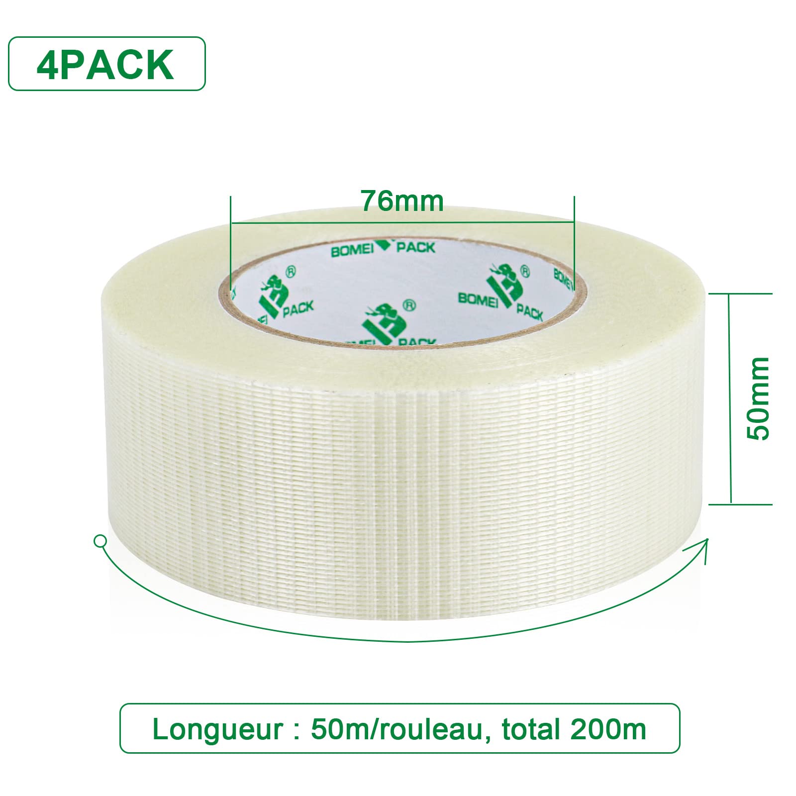 BOMEI PACK 4 Pack Bi Directional Filament Ruban Adhésif, Ruban d'emballage renforcé de fibres filament Renfort et cerclage ruban adhésif robuste adhésif, 50m x 50mm