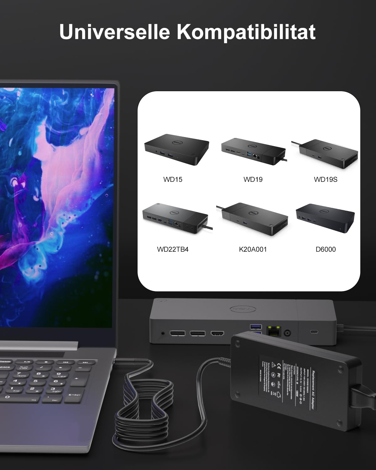 180W Cargador para DELL Dock WD15 WD19 WD19S WD22TB4 K20A001 D6000 | Dell D6000S Dockingstation Business Monitor Dock K17A001 Thunderbolt Dock WD19TB WD19TBS TB15 TB16 TB18DC K16A K16A001