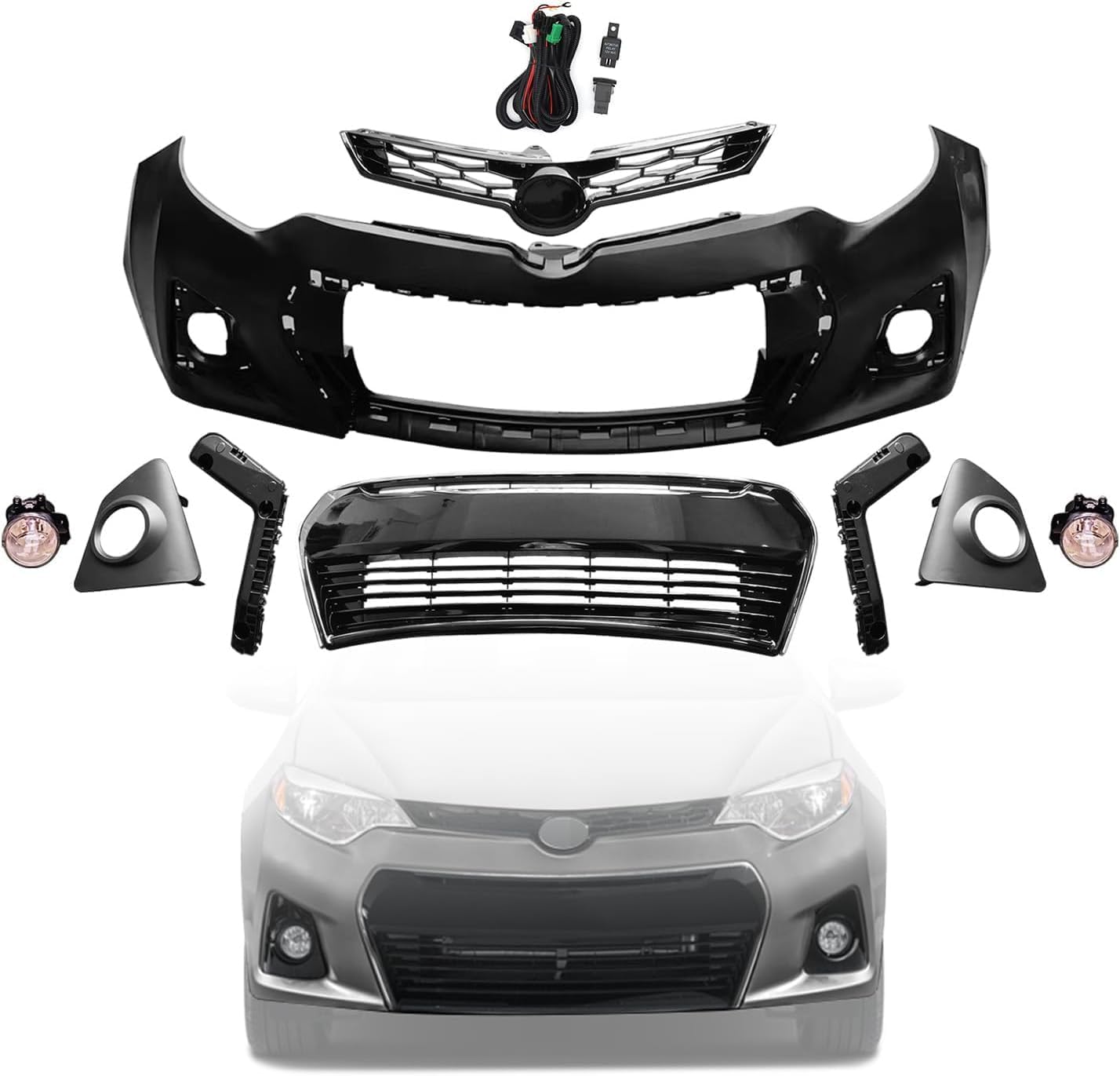 Sedan S SE Front Bumper Cover Kit Fits 2014 2015 2016 To-yota Corolla Sedan S SE,W/Upper Grille Lower Grill & Fog Lights,Replacement for 52119-03906, TO1000400, 52115-02240