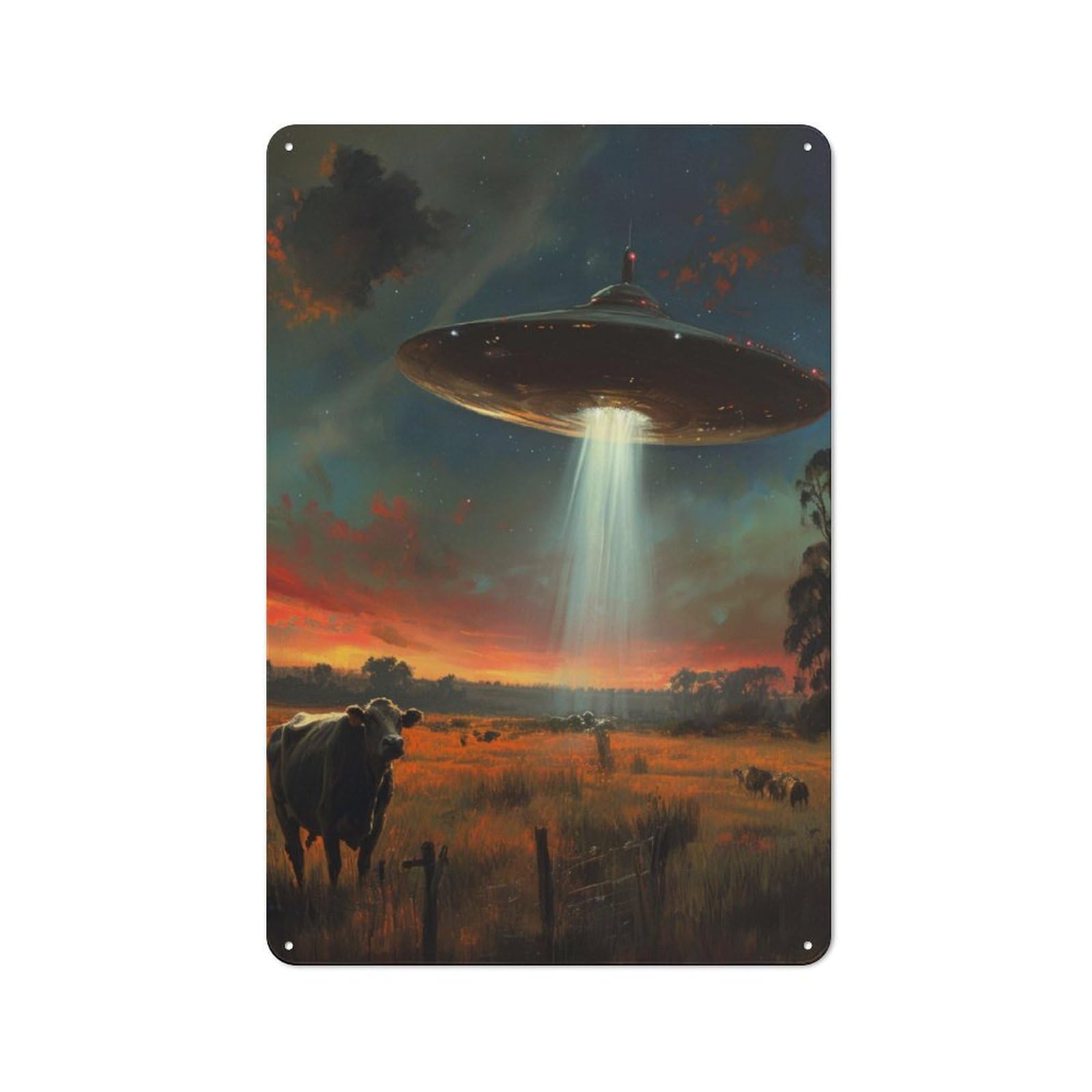 Junmoney Style-3 For Garage Or Workshop, Cow And Alien Spaceship Rustic Metal Plaque 30X20cm, Suited To Wall Displays In Garages And Tool Rooms