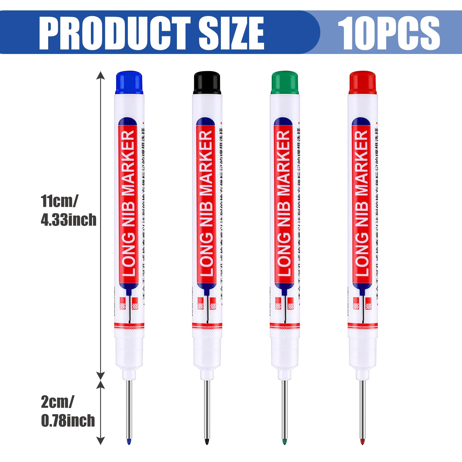 10 pcs Long Head Deep Hole Marker Pens Extended Nib Marking Tools,Colorful Marking Carpenter Waterproof and Durable Tracer Pens for Woodworking,Construction,and Tile Marking(Black/Blue/Red/Green) - Image 2