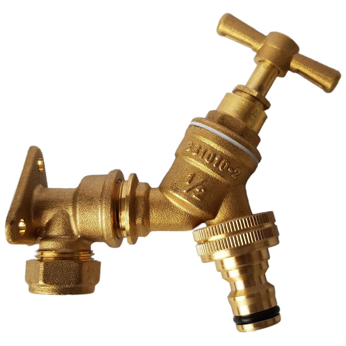 Cost Wise Brass Solid Traditional Bib Tap With 15Mm Copper Pipe Compression Back-Wall Plate, Click Hose Connector