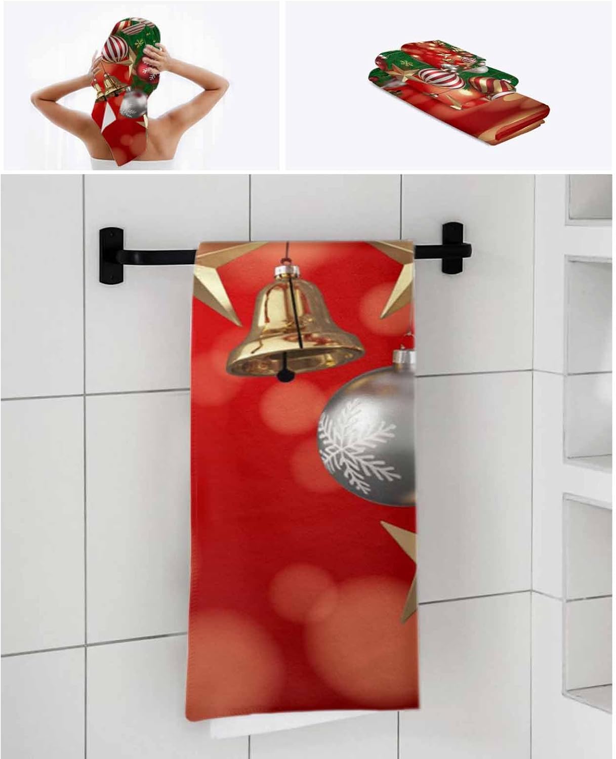 Merry Christmas 3 Piece Bath Towels Set, Xmas Tree Balls Pine Needles Bells Soft & Absorbent Towels for Bathroom, Hotel (1 Bath Towel 30x60, 1 Hand Towel 16x28, 1 Washcloth 13x13)