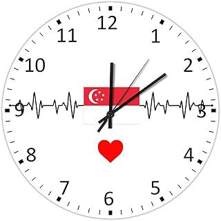 Singapore Flag Heart Wall Clock National Flag Wall Clocks 10 Inch,Round Decorative Wood Wall Clock,Retro Hanging Silent Wooden Wall Clock for Bedroom Kitchen Living Room Kid's Room Home Decor