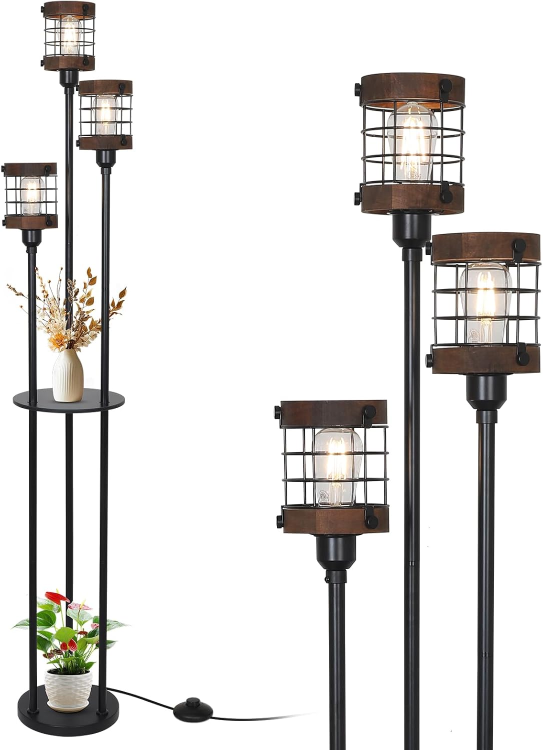 Airposta Vintage Floor Lamp with Shelves, Farmhouse Wood Floor Lamps for Living Room, Black Standing Lamp for Bedroom, Industrial Floor Lamp with Table, Rustic Tall Lamp for Office Corner Home Décor