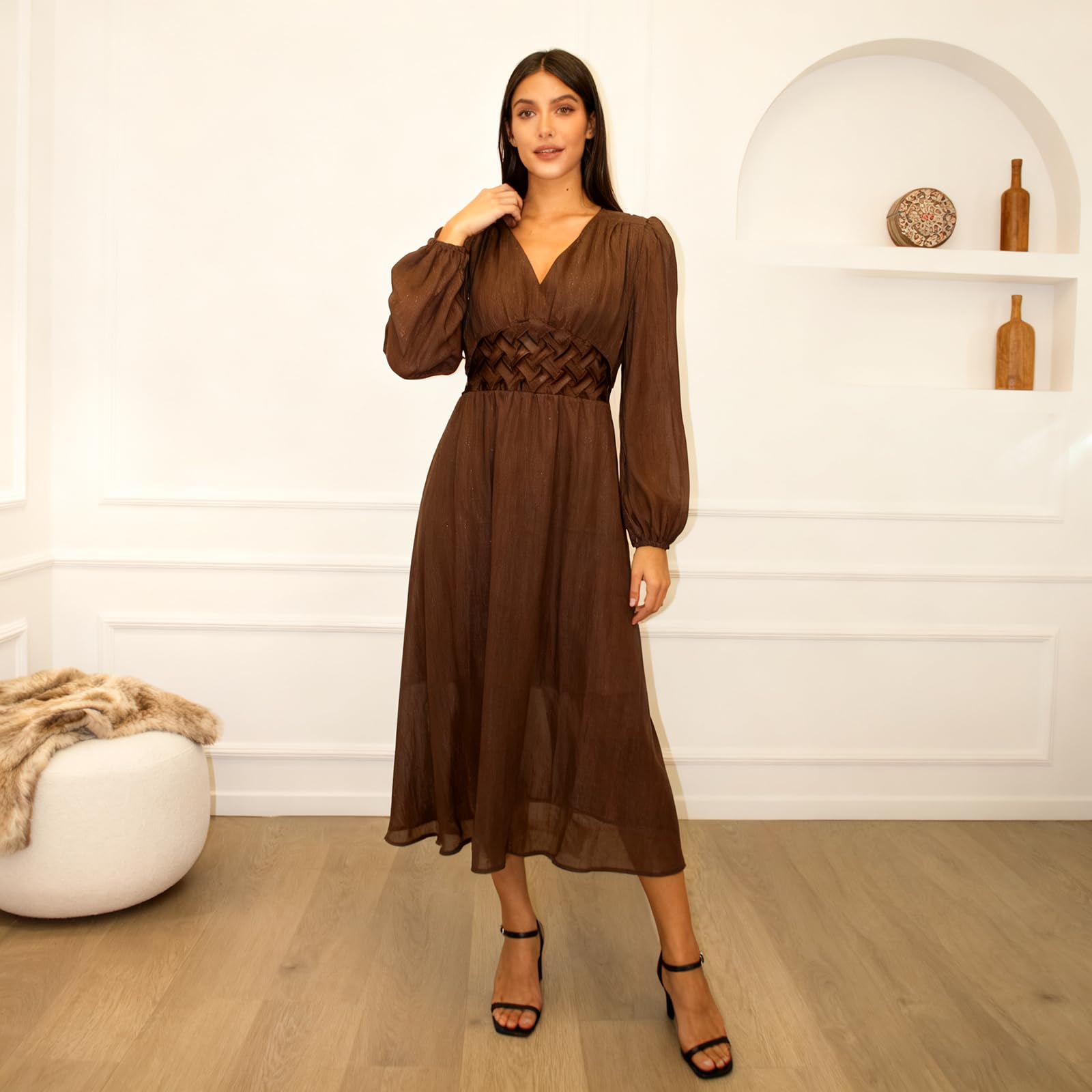 Kleid Damen Lang Chiffon Abendkleider Elegant Für Hochzeit Kleider Festlich Langarm Cocktailkleid Hochzeitsgast Partykleid Frauen Hohe Taille A Linie Frühlingskleid Puffärmel Damenkleider