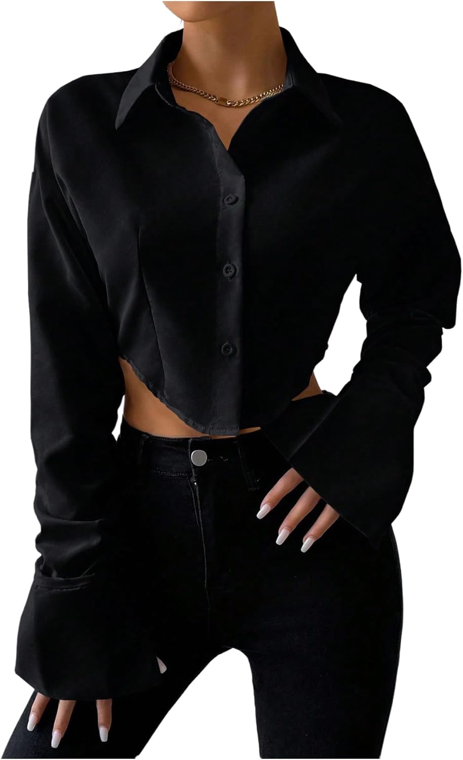 GORGLITTER Women's Cropped Button Down Shirts Long Bell Sleeve Collared Crop Blouses Tops Causal Office Outfits