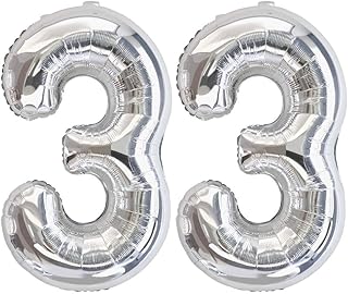 Ponmoo Foil Palloncini Numeri 33 Argento, Gigante Numero 0 1 2 3 4 5 6 7 8 9 10-19 20-29 30-39 40 50 60 70 80 90 100, Gonfiabili Pallone per Anniversario, Decorazione Feste di Compleanno Palloncino