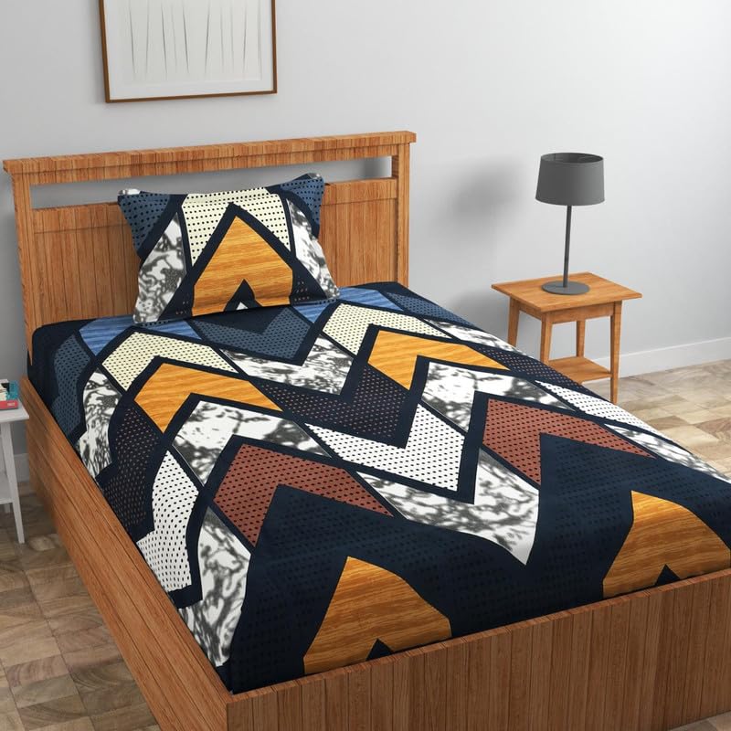 Image of Cotton 210 tc Flat Single | Diwan | Single Mattress Coat Bed Bedsheets for Summer Winter Breathable | Wrinkle Free (Size-60 X 90 Inch) with 1 Pillow Cover 60 x 90 Inches, Abstract, Orange Black