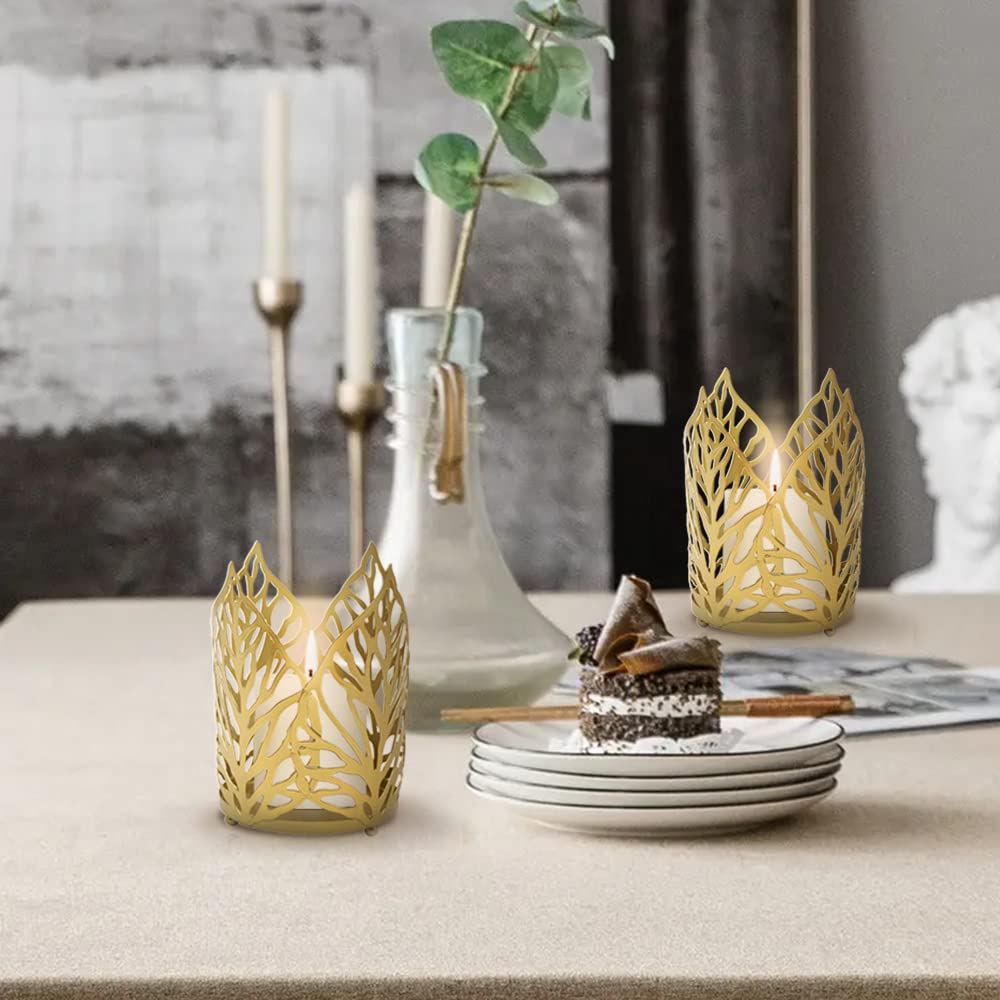 Leaf-Shaped Tealight Candle Holders - Set Of 2, Vintage Iron, Gold Finish | Perfect For Table Decor, Christmas, Parties - View #6
