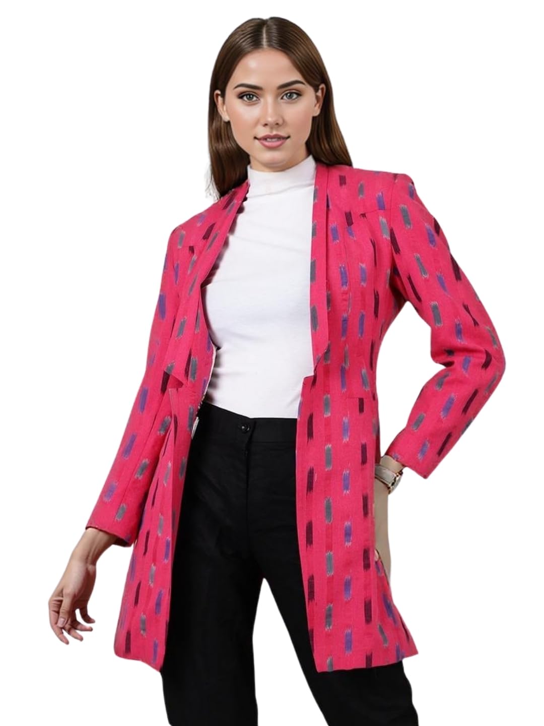 talethread Women's Ikat Pink Cotton Blazer-picture-27