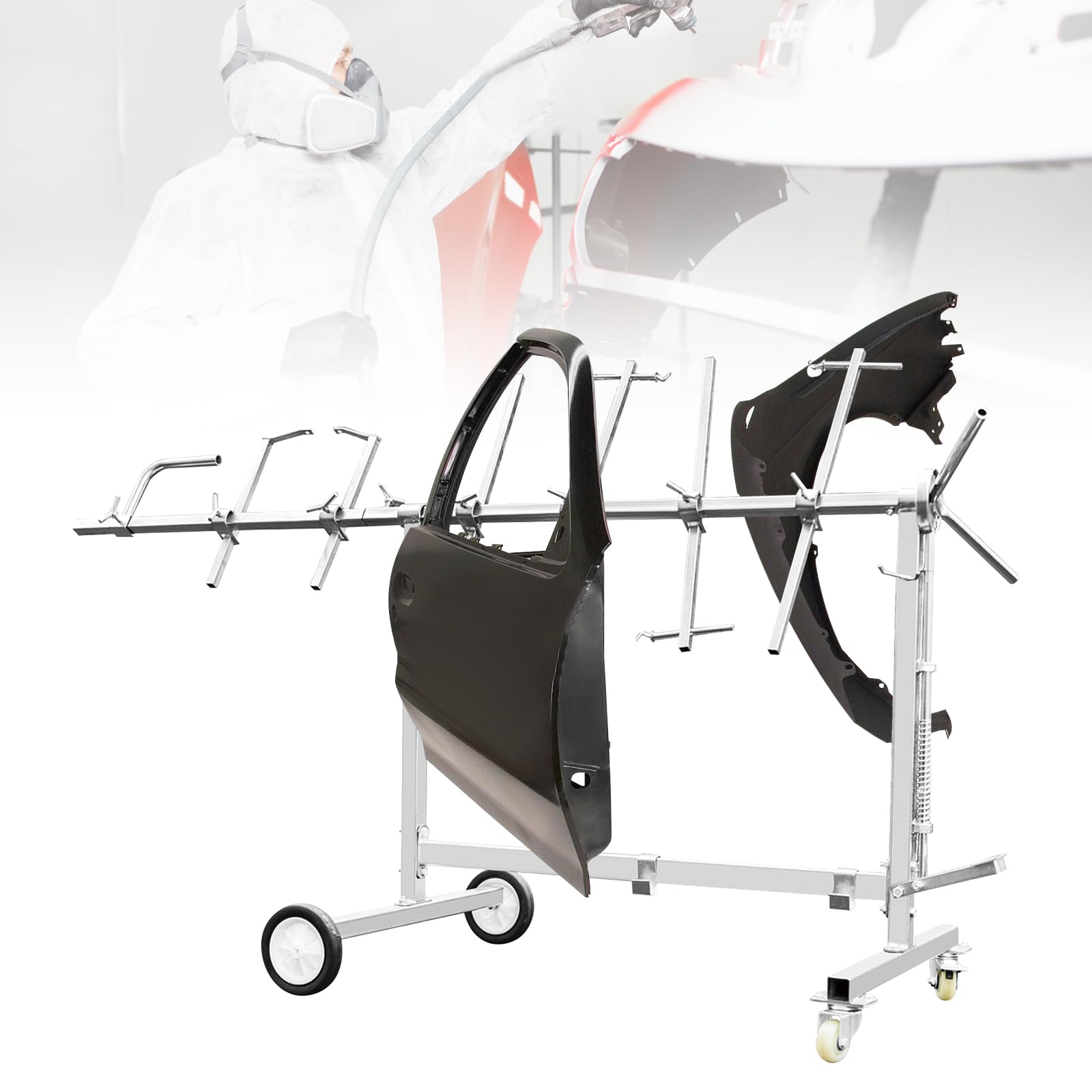 Paint Stand Panel Holder, Auto Body Paint Rack Stand 9 Locked Positions, Mobile Bumper Paint Stand w/Locked Casters, Adjustable Painting Drying Rack for Car Door Hood Fender Panel, 70kg Load