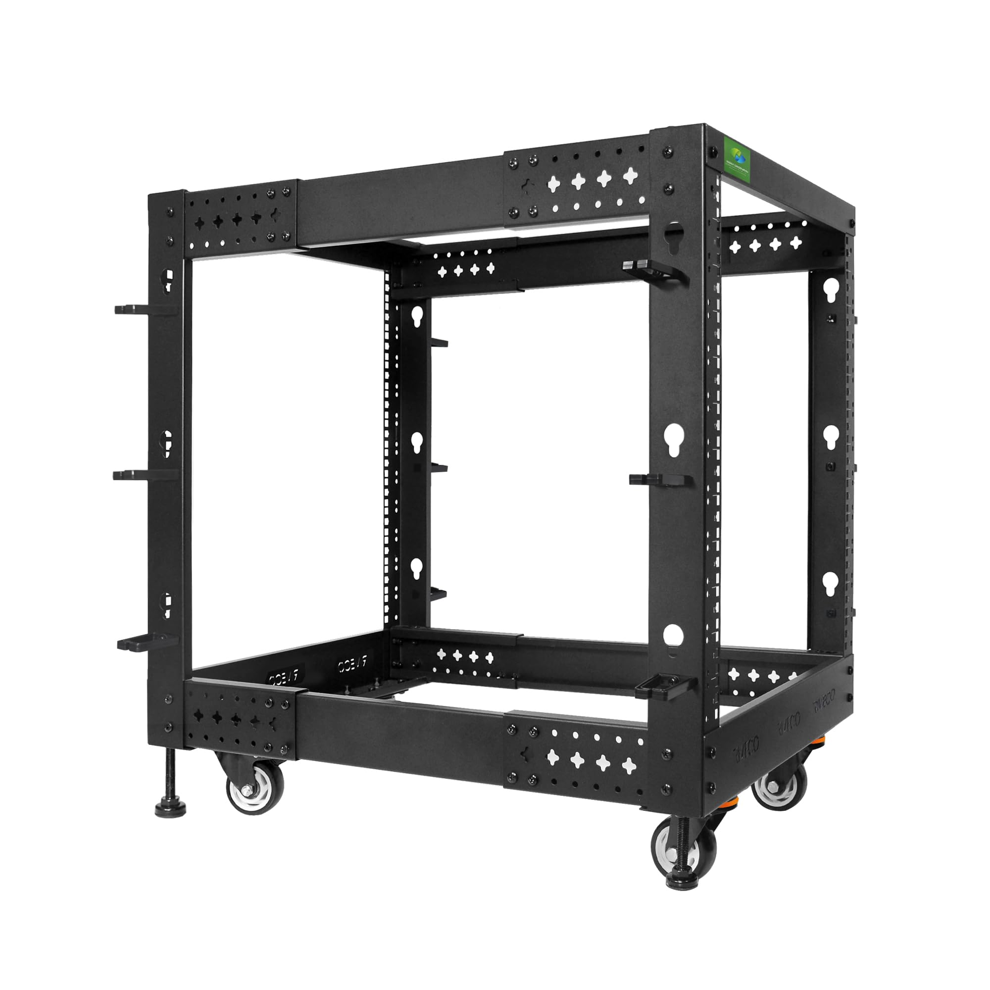 RIVECO 12U Server Rack Adjustable Depth Network 4 Post Cabinet Open Frame with Leveling Feet &amp; Wheels Fully Rivets 1400 LBS