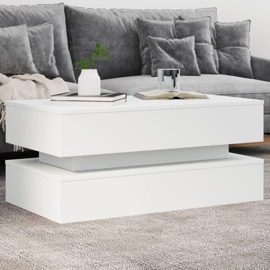 Modern White Engineered Wood Coffee Table with RGB LED Lights and Adjustable Armrests, High-Gloss Finish for Living Room Centerpiece, Remote Control for Dynamic Lighting