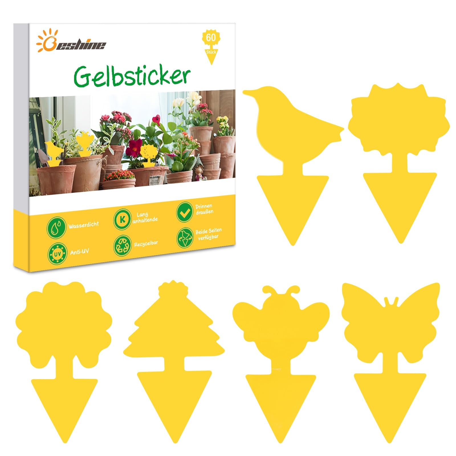 Beshine Gelbsticker, 60 Stück Gelbtafeln Trauermücken Bekämpfen klebriger Fänger für Pflanzen Innen- und Außeninsekten Fliegenkontrolle, wasserdicht und ungiftig