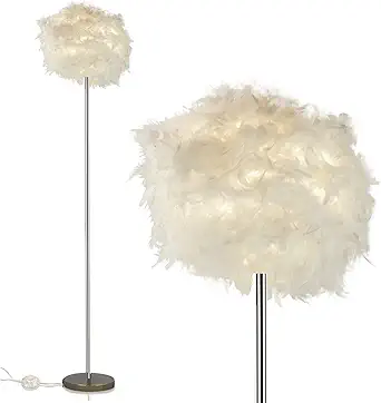 Feather Floor Lamp with White Faux Ostrich Feather Shade - Feather Lamp for Bedrooms Funky Decor - Floor White Floor Lamp- Girls Bedroom Decor Chic Feather Fur Shade Polished Chrome Metal Finish
