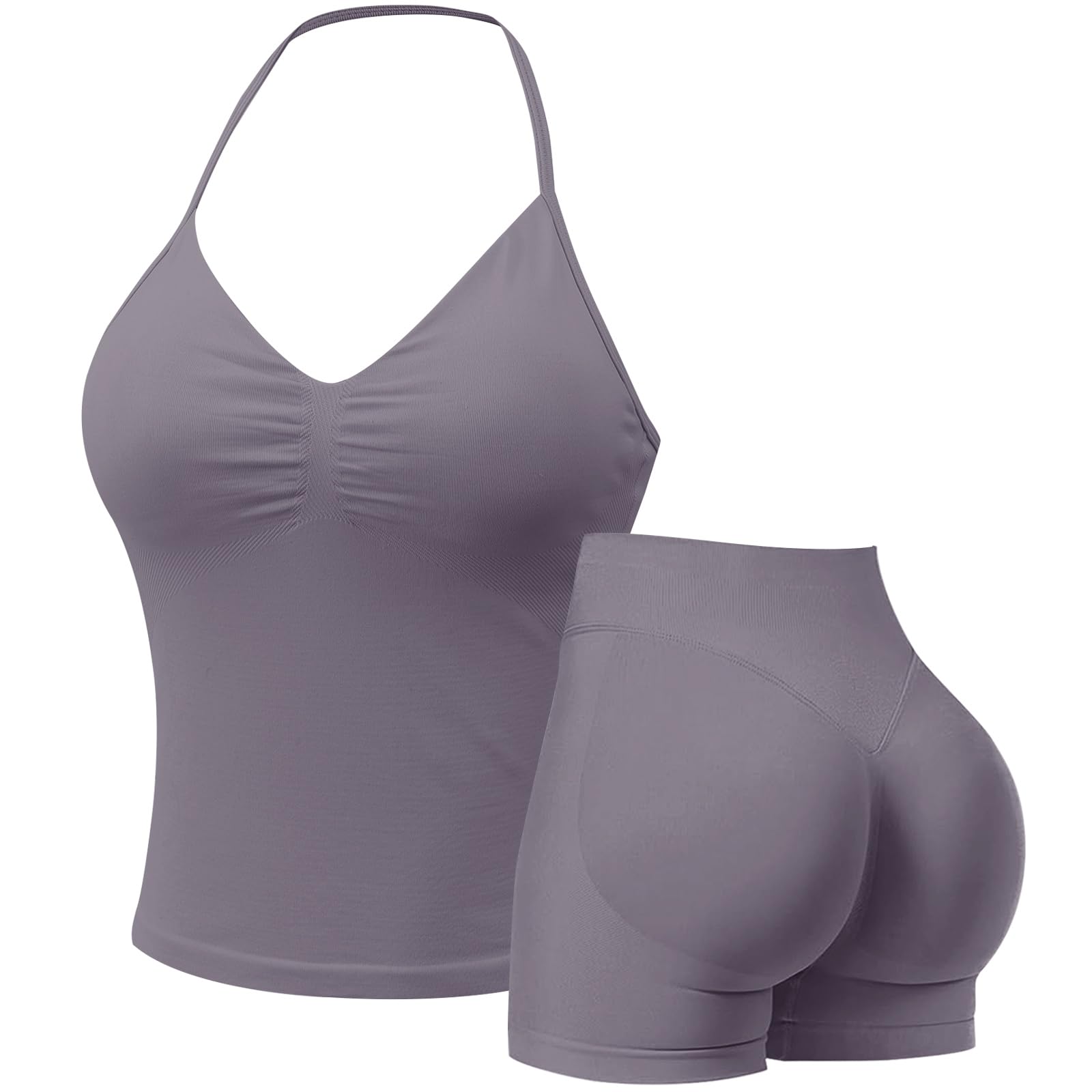 Seamless Gym Sets for Women 2 Piece Halter Crop Top Sports Bras Hidden Scrunch Shorts Yoga Outfits Activewear Tracksuit