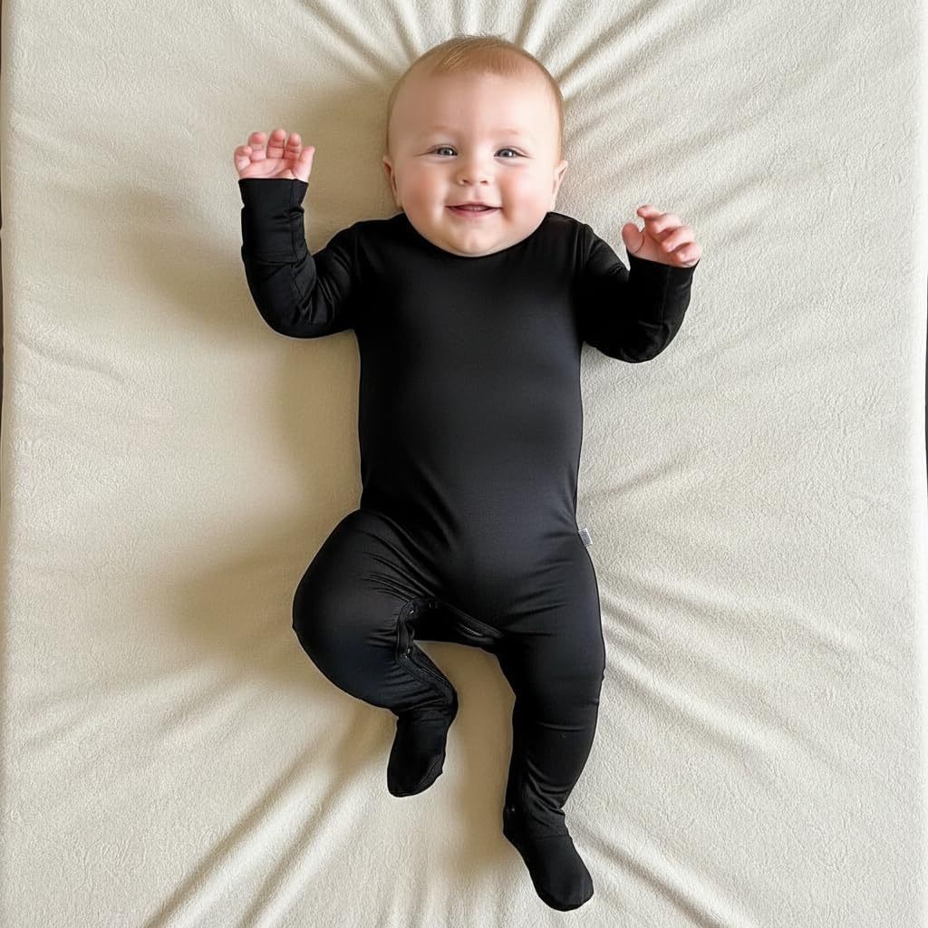 Stretchy Viscose from Bamboo Baby Pajamas, Crescent Zipper Onesie, Fold-Over Mittens & Cuffs, Infant PJs