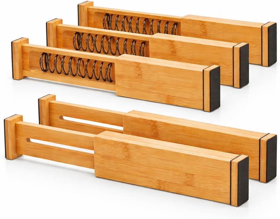 Adjustible Draw Divider, Adjustable Expandable Drawer Organizer with Spring Loaded Design, Bamboo Drawer Separators for Kitchen, Dresser, Bedroom, Bathroom & Office- 6 pack