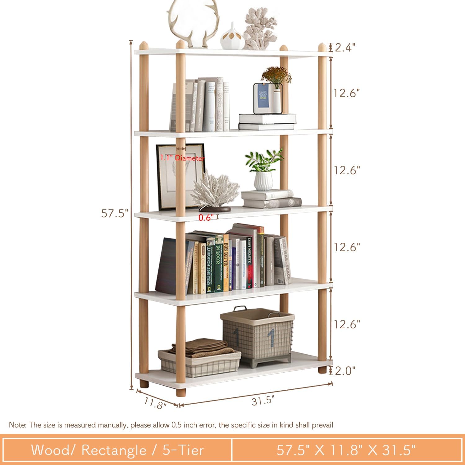 IOTXY 5-Tier Wooden Shelf Bookcase - Modern Open Bookshelf, Free Standing Storage Rack, Multifunctional Display Stand for Home and Office, White, Rectangle