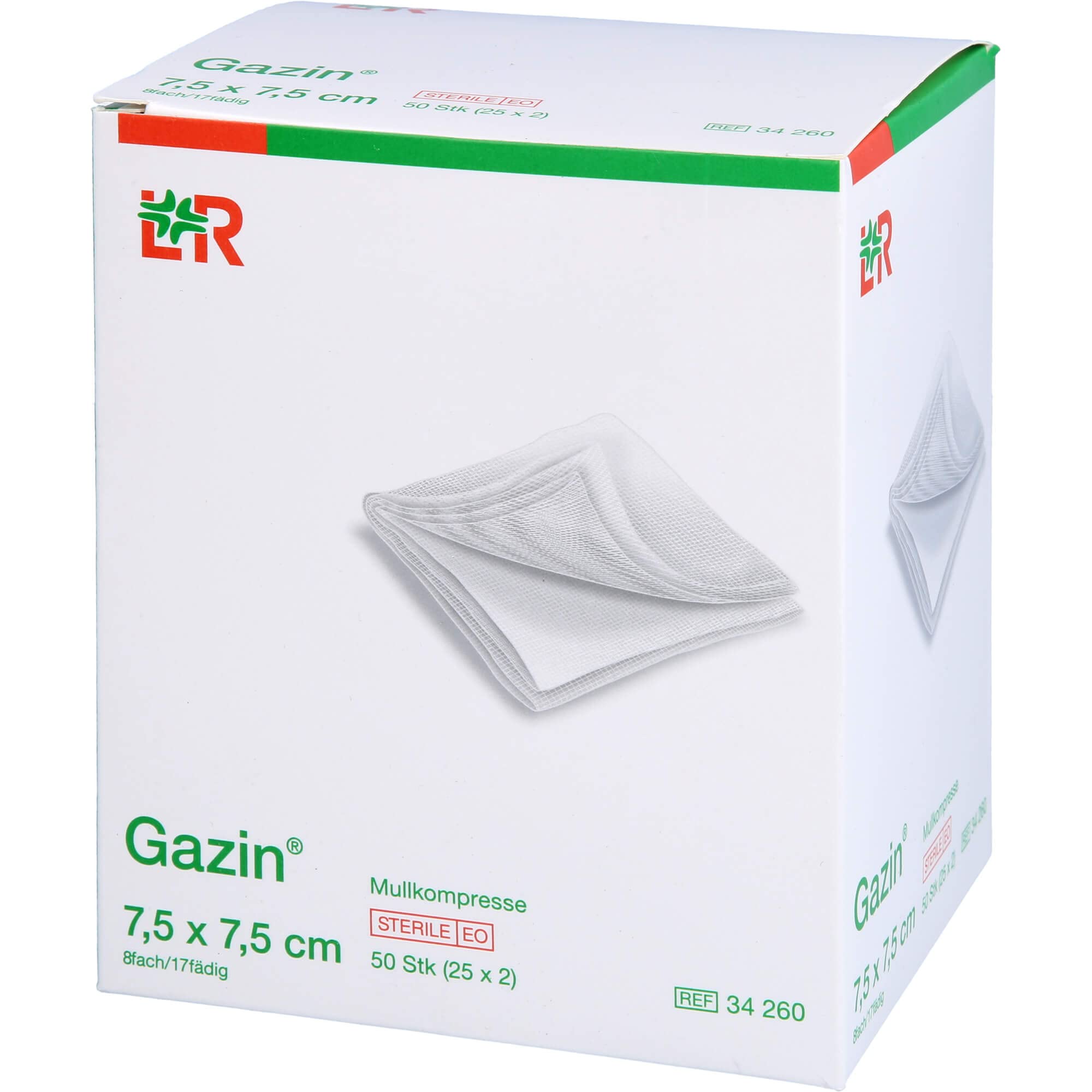Gazin Kompresy z gazy 75 cm x 75 cm, sterylne, 8-krotne 25 x 2 sztuki, 150 g, białe, 50 sztuk