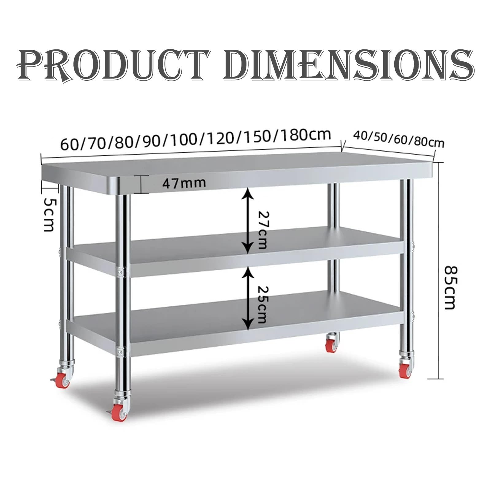 Table de Travail Cuisine, Table de Travail en Acier Inoxydable avec roulettes, Table INOX avec Étagère Inférieure Réglable pour Restaurant, Maison, Extérieur(Triple Layer,70x50x80cm)