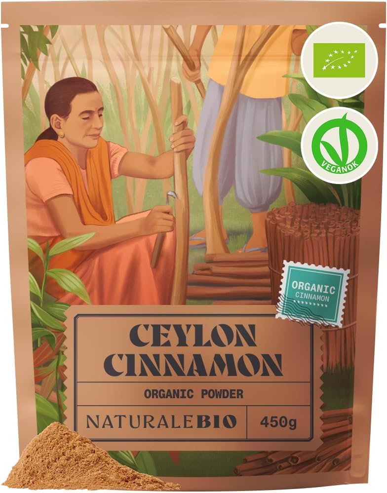 NaturaleBio Organic Ceylon Cinnamon Powder 450g. Low Coumarin. Premium True Cinnamon Rich Aromatic Spice. Natural antioxidant Anti-inflammatory. Aids Digestion, boosts Immunity and Promotes Wellness.