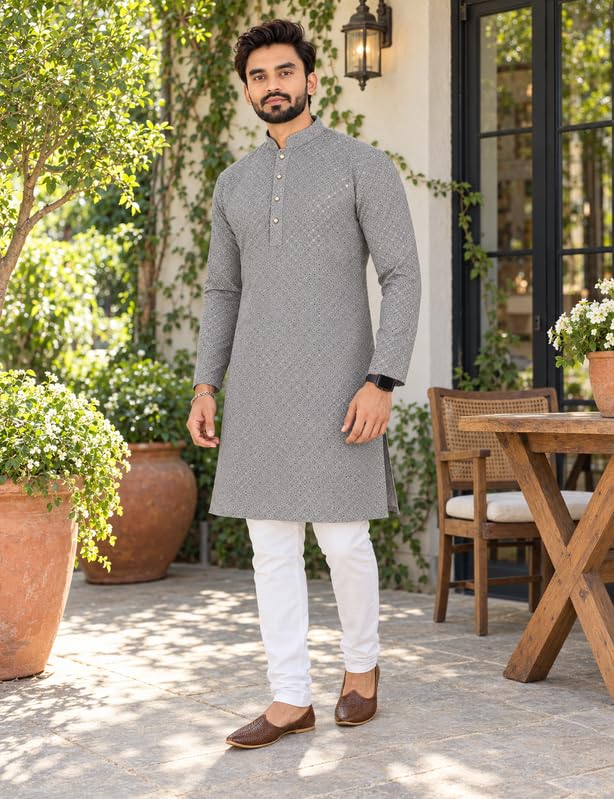 Image of Men's Lakhnawi Chikankari Kurta Set Cotton Ethnic Kurta Pajama for Men Wedding Festive Designer Indian Outfit Stylish Embroidered Kurta Set
