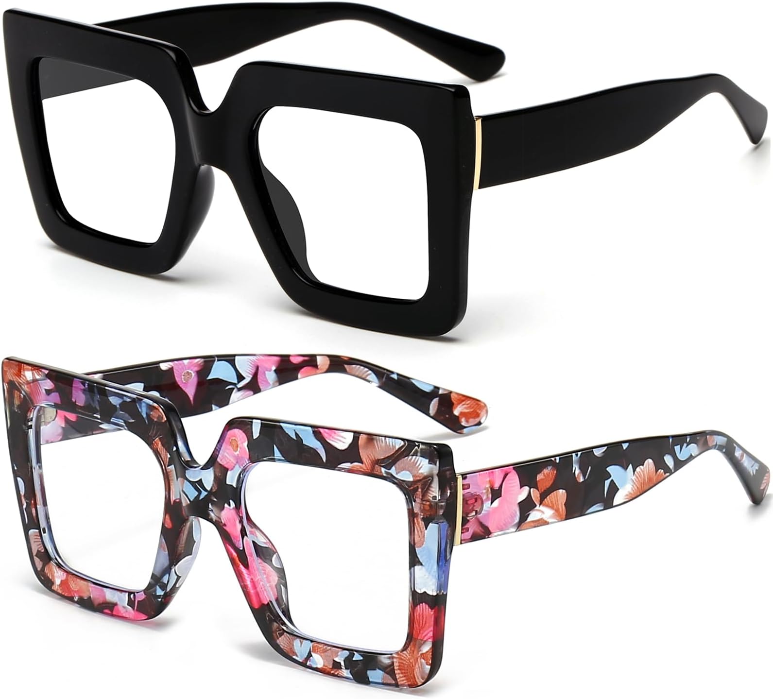 Oversized Blue Light Glasses for Women Fashion Thick Square Computer Eyewear Non-Prescription Black Glasses (Black+ Flower)