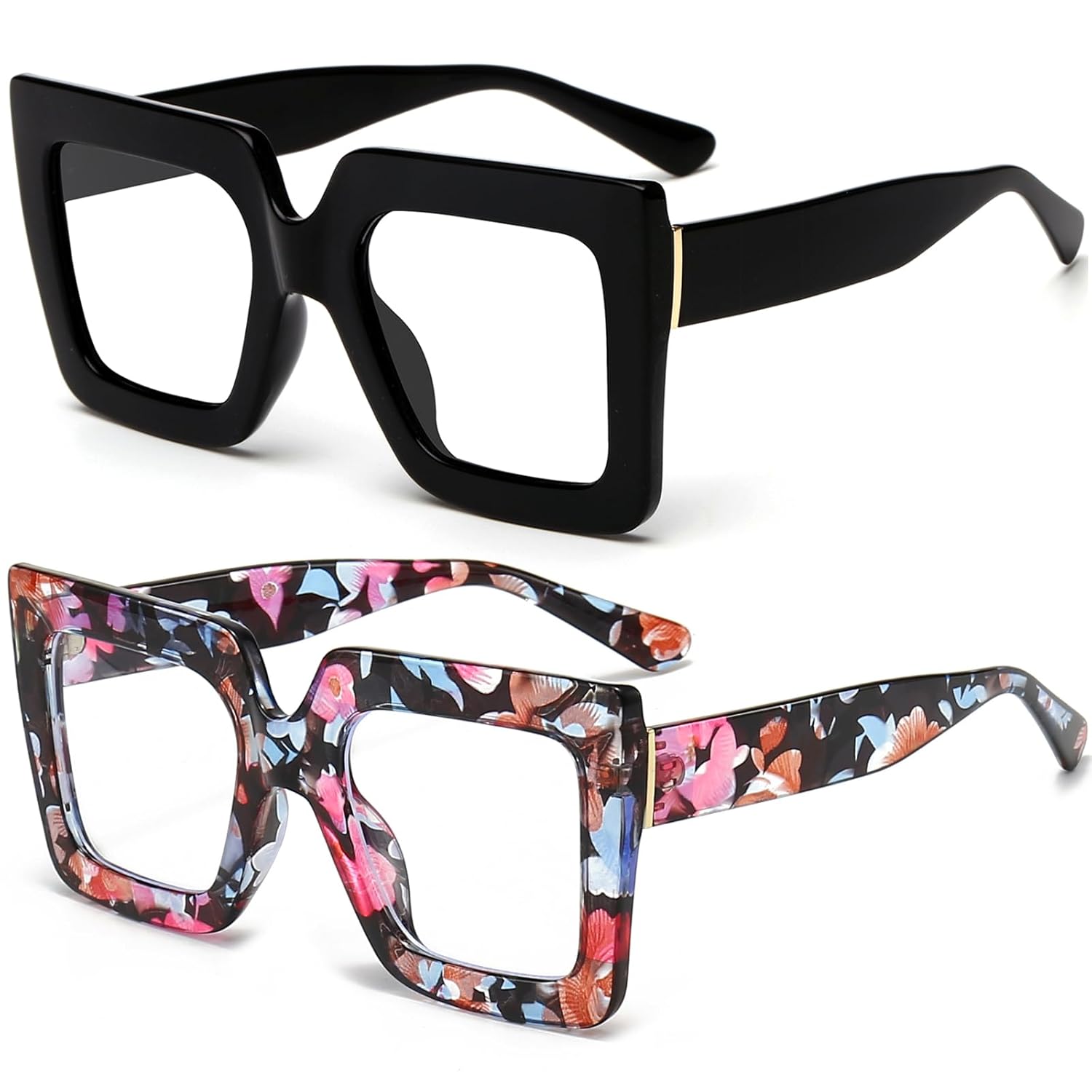 Breaksun Oversized Blue Light Glasses for Women Fashion Thick Square Computer Eyewear Non-Prescription Black Glasses Black Flower