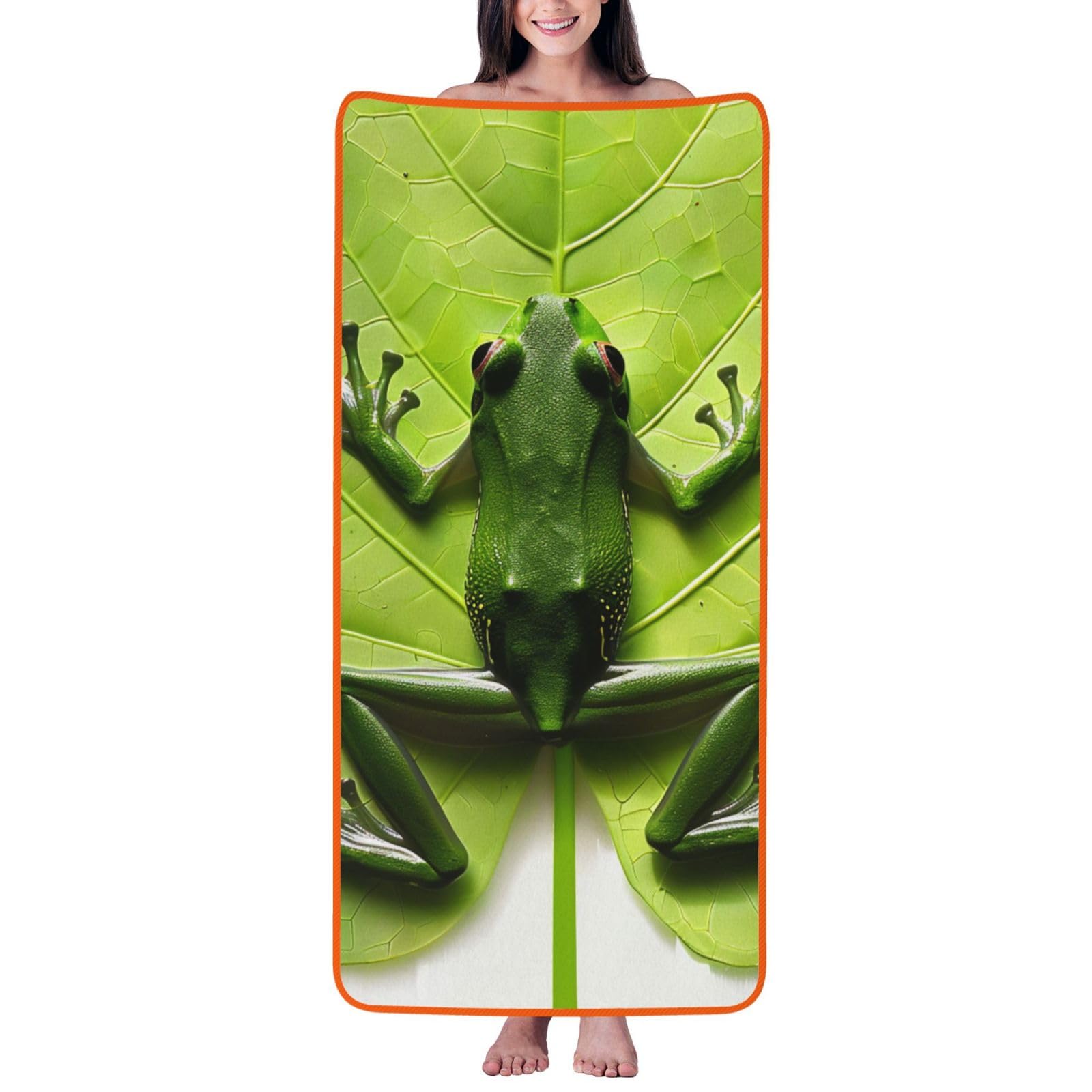 WPKJU Frog Leaves Printed Bath Towel with Orange Edging - 27x55 in Soft Extra Absorbent Coral Velvet Shower Towels for Bathroom