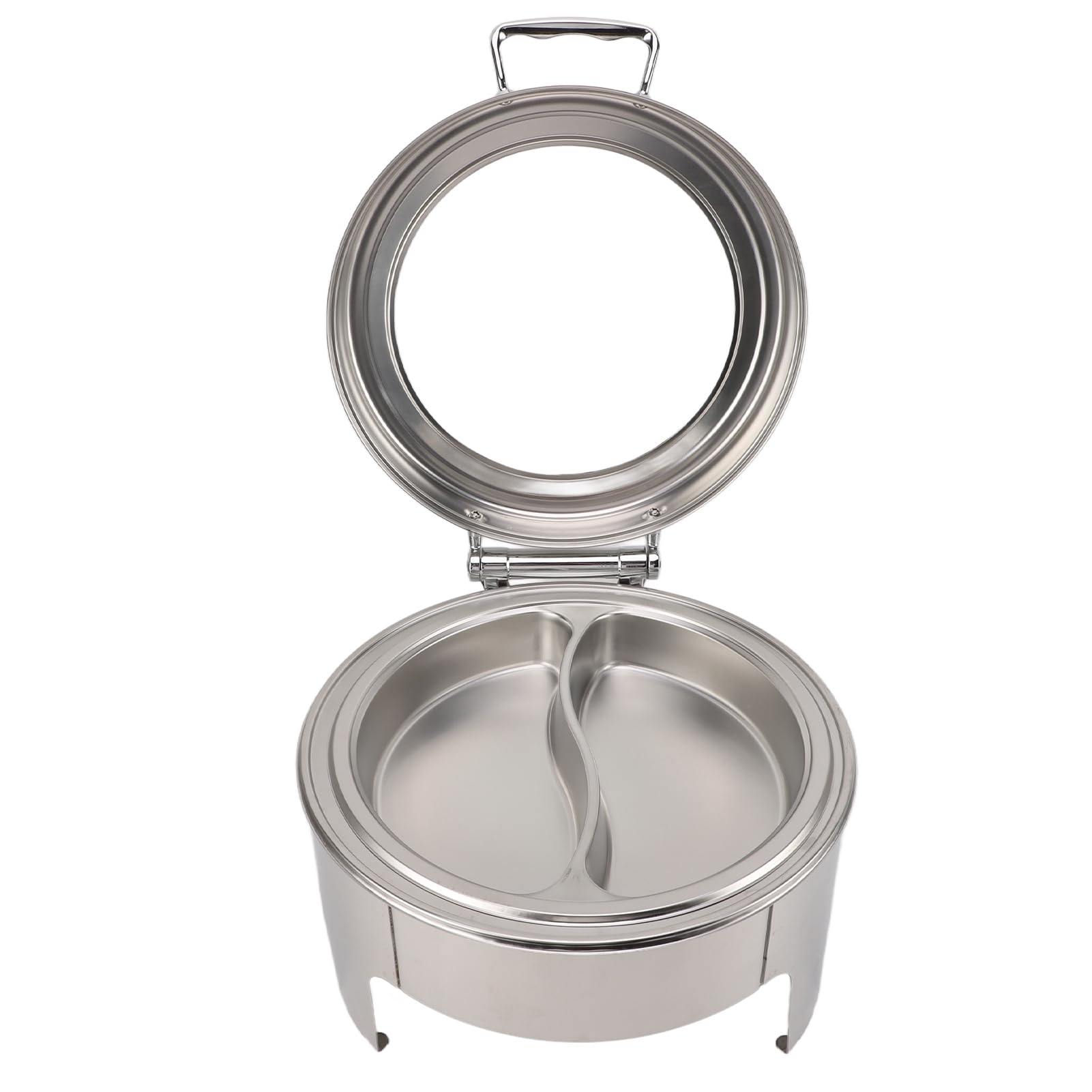 lyrlody Plato Redondo de Acero Inoxidable de 6 Litros, Servidor de Buffet con Tapa de Vidrio Visible, Calentador de Alcohol, Tapa Abatible de 90°, Sartén Profunda, Acabado Espejo para Buffet,