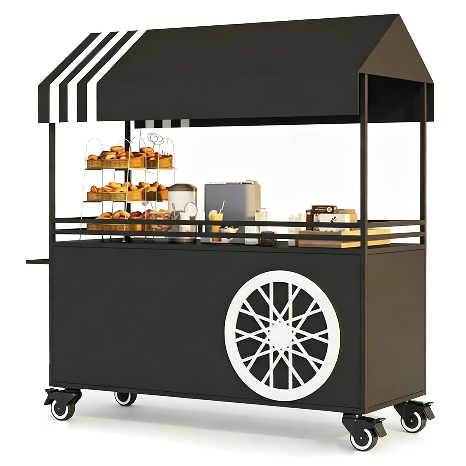 Outdoor Vendor Cart, Iron Market Stand, with Canopy, Lockable Wheels, Handle, Guardrail, for Market, Street Food, Events(Black,120cm/47in)