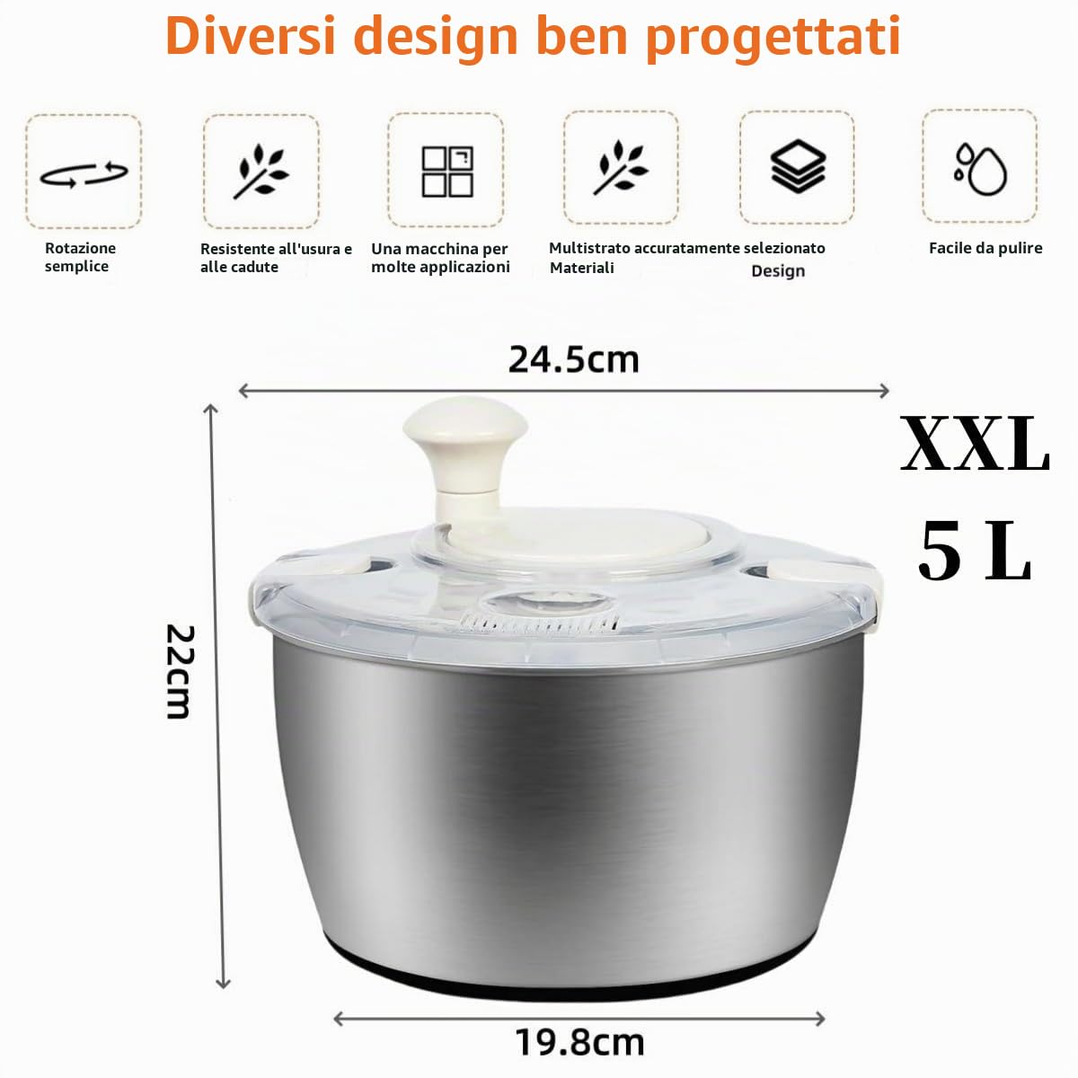 Centrifuga per insalata XXL, in acciaio inox, 5 l, con pelapatate e bottiglia da spremere, lavabile in lavastoviglie, ideale per lavare e asciugare insalata