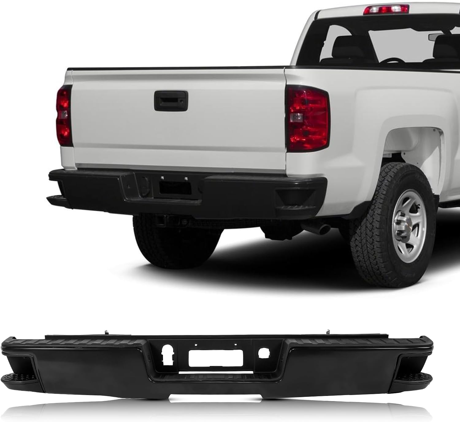 KYX Rear Bumper Assembly Compatible for 2014-2018 Chevy Chevrolet Silverado 1500, Black Rear Step Bumper Assembly with Corner Steps, w/o Sensor Holes and Dual Exhaust Cut-Outs,GM1103177
