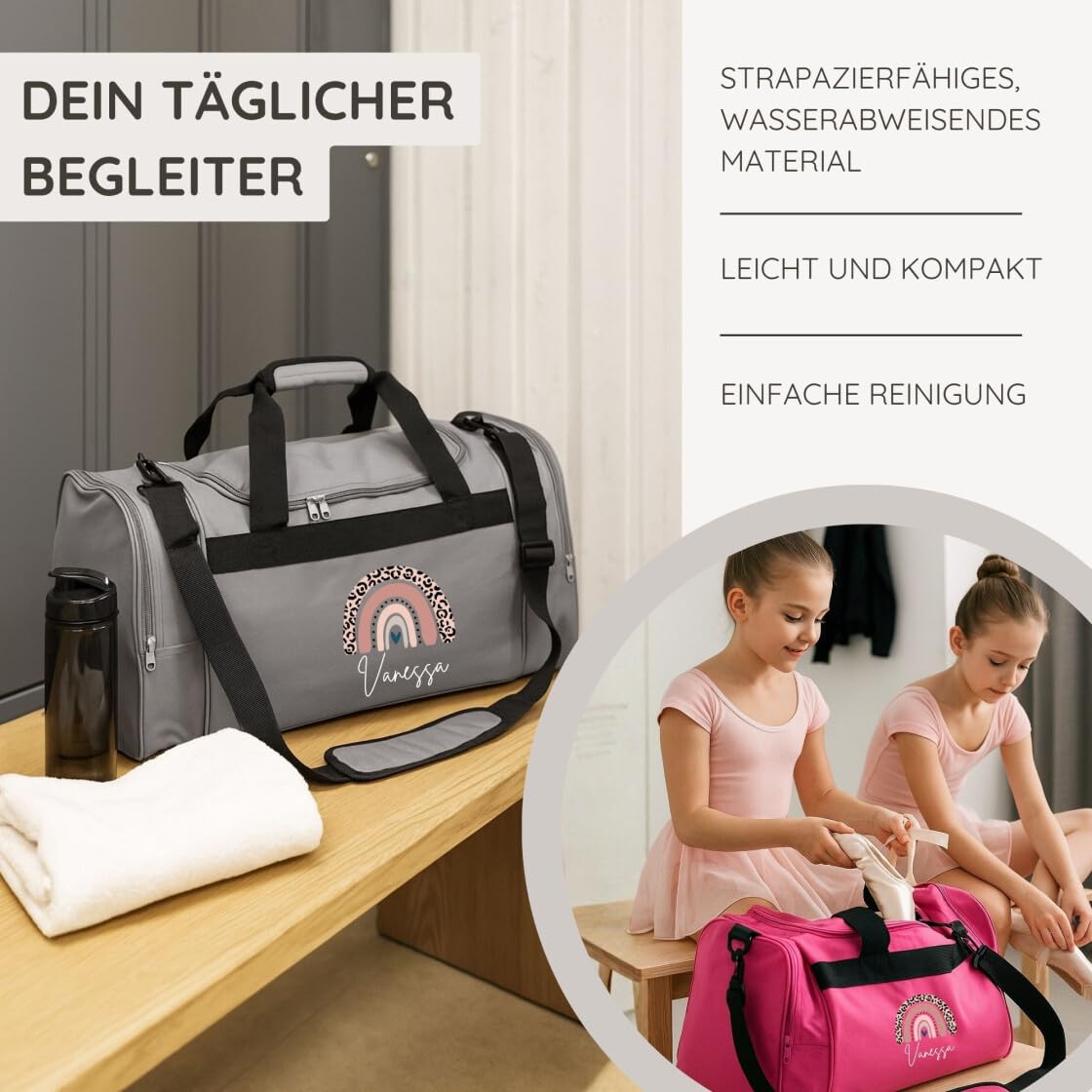 minimutz Kindersporttasche personalisiert Regenbogen, Reisetasche Mädchen groß, Sporttasche Rainbow Leo-Print Kinder mit Name 26L (dunkelblau)