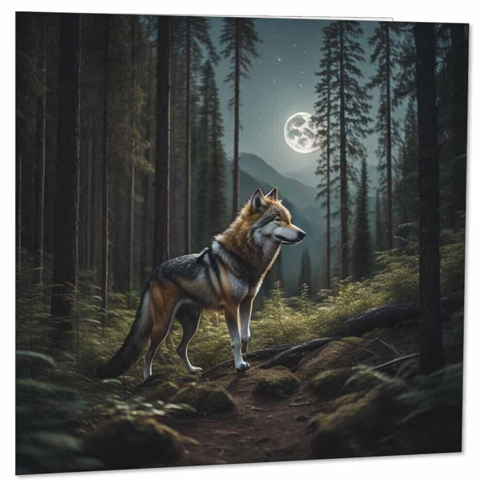 Biglietto D'auguri Con Lupo E Luna, 145x145 Mm, Carta Riciclata Spessa 995474