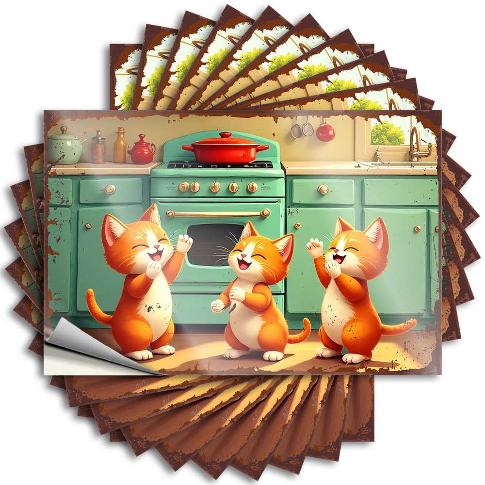 Funny Sticker Teen Peel and Stick - Three Happy Cats Dancing in The Kitchen Hat Feminist Waterproof Vinyl for Mold(6X9CM)
