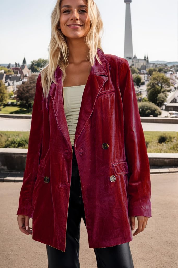 TIAFORD Womens Retro Velvet Blazer Lightweight Cozy Button Outerwear Solid Color Lapel Open Front Jacket Coat with Pockets