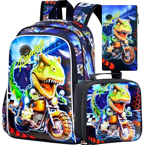 Image of 3PCS Dinosaur Backpack for Boys, 16 Inch Kids Water Resistant Preschool Elementary Kindergarten Bookbags and Lunch Box | Kids