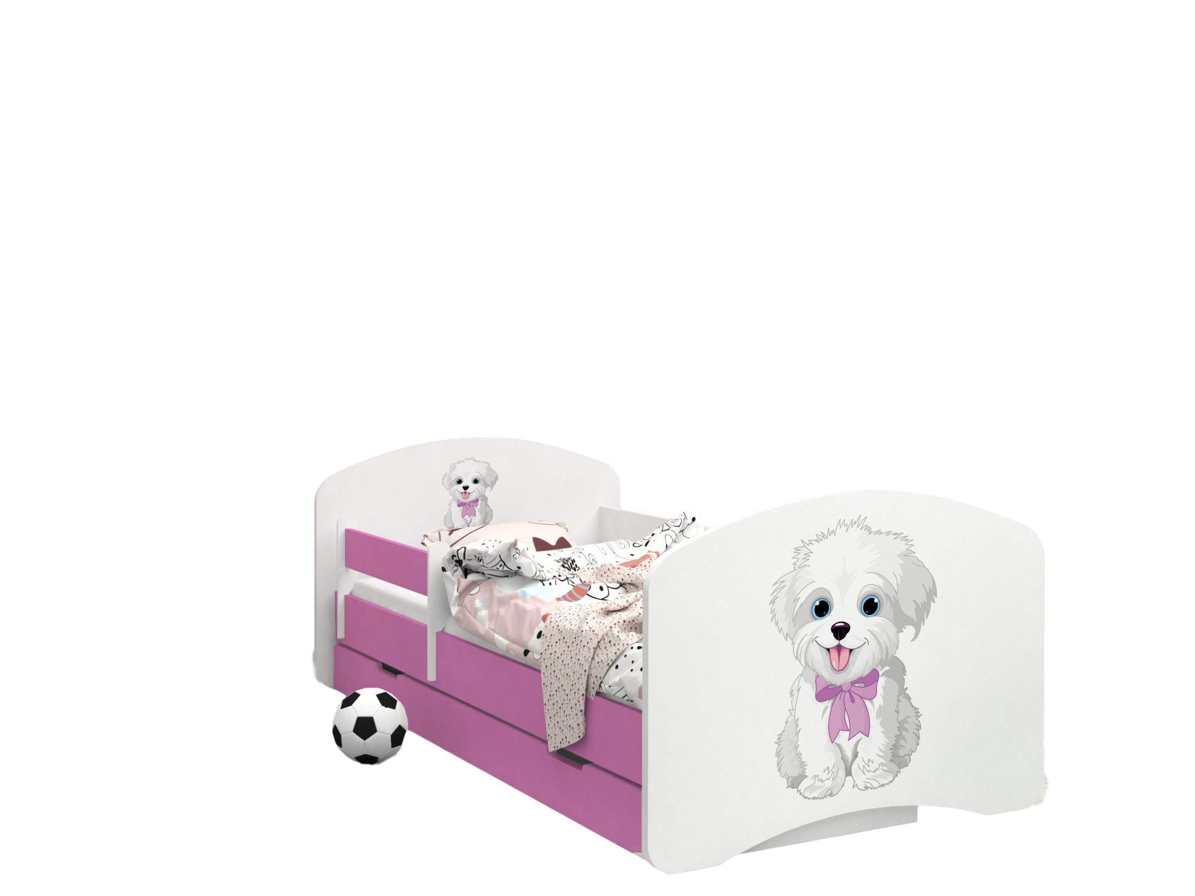 Happy Babies - Dwustronne łóżko dziecięce w kolorze różowym, nowoczesne wzornictwo z bezpiecznymi krawędziami i zabezpieczeniem przed upadkiem materac piankowy 7 cm (19. Pies z łukiem, 160x80)